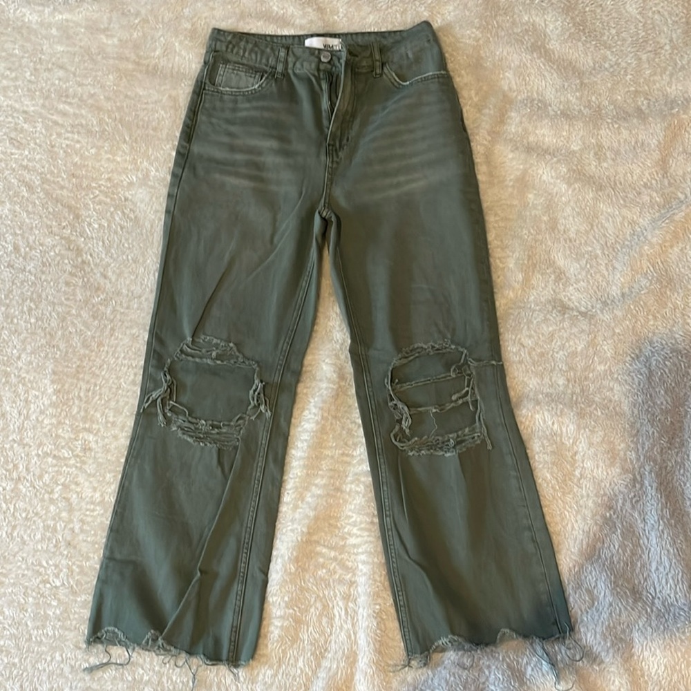 Green distressed cropped jeans